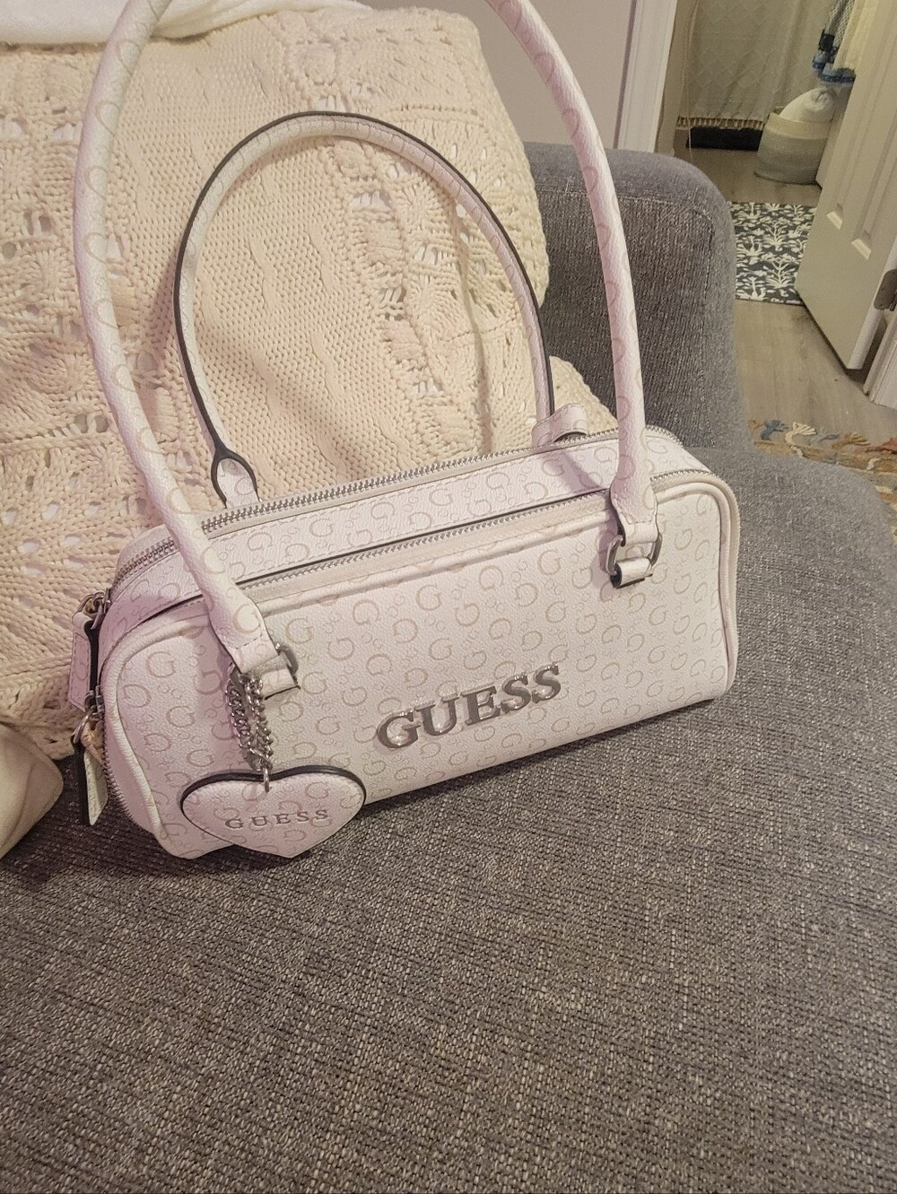 GUESS White Logo Barrel Shoulder Bag with Heart Charm